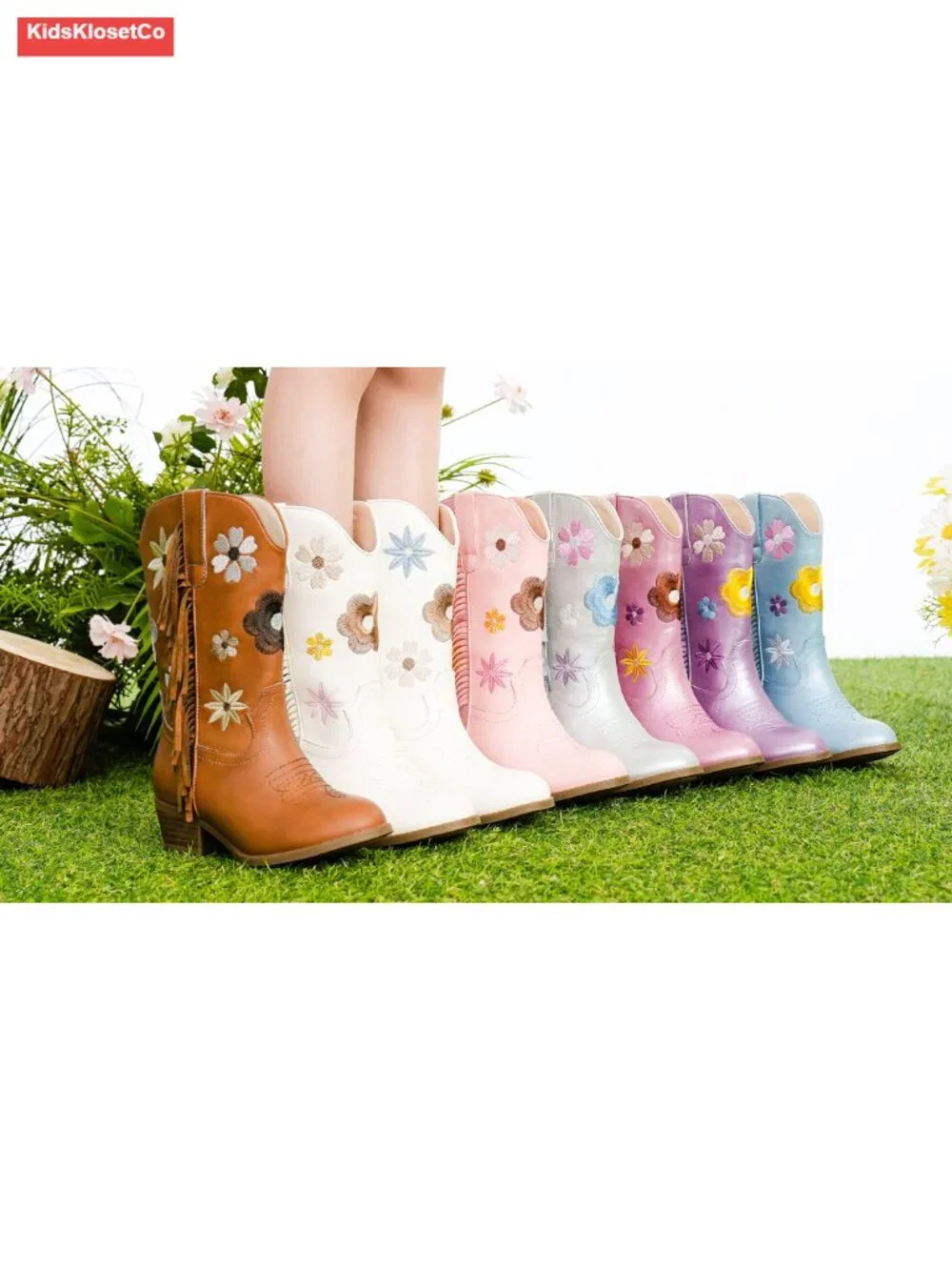 Floral Embroidered Fringe Cowgirl Boots with Side Zipper for Little Big Kids